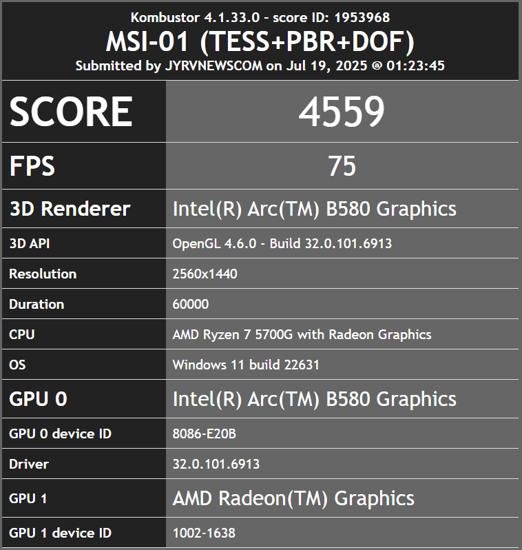Resultados Heaven Benchmark ARC B580 a 1440p